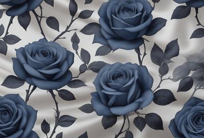 The primary subject of the image is a close-up of a blue rose. The setting is a patterned background, which adds a decorative touch to the scene. The visual style is a combination of photo and digital art, creating a realistic yet artistic representation of the blue rose. The dominant colors are blue and green, giving the image a calm and serene atmosphere.