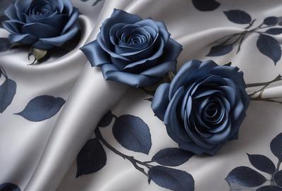 The primary subject of the image is a bouquet of three blue roses. They are placed on a blue cloth, which serves as the setting and background. The visual style of the image is a close-up of the flowers, showcasing their details and beauty. The dominant colors in the image are blue and purple, creating a calm and serene atmosphere.