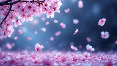 Primary subject: Pink flowers in the air.
Setting/background: A blue sky with clouds.
Visual style: Digital art.
Colors and mood: The image is predominantly pink, creating a soft and delicate atmosphere.