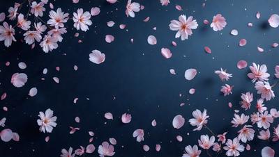 The primary subject of the image is a beautiful display of pink flowers floating in the air. The setting is a dark background, which contrasts with the vibrant pink flowers. The visual style is a combination of photo and digital art, creating a stunning and artistic representation of the flowers. The colors and mood of the image are predominantly pink, creating a warm and inviting atmosphere.