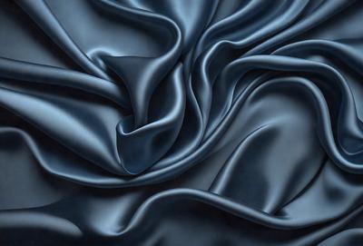 The primary subject of the image is a blue fabric, which appears to be a piece of silk. The setting is a dark background, which contrasts with the blue fabric. The visual style is a close-up of the fabric, showcasing its texture and details. The colors and mood of the image are predominantly blue, creating a calm and serene atmosphere.