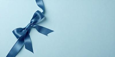 The primary subject of the image is a blue bow, which is prominently displayed on a blue background. The visual style of the image is a close-up of the bow, showcasing its details. The colors and mood of the image are predominantly blue, creating a calm and serene atmosphere.