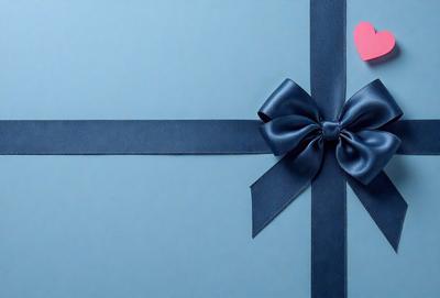 The primary subject of the image is a blue bow with a heart on it, placed on a blue background. The visual style appears to be a photo, and the colors and mood are predominantly blue, creating a calm and serene atmosphere.