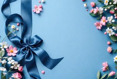 The primary subject of the image is a blue bow with pink flowers on it. The setting is a blue background, and the visual style appears to be a photo. The dominant colors are blue and pink, creating a warm and inviting atmosphere.