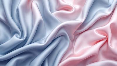 The primary subject of the image is a close-up of a piece of fabric, which appears to be a combination of blue and pink. The setting is a room with a backdrop of a wall. The visual style is a painting, with the artist using a brush to create the intricate details of the fabric. The colors and mood of the image are predominantly pink and blue, giving it a soft and elegant appearance.