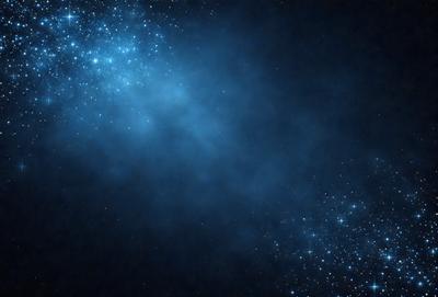 The primary subject of the image is a blue background with a few stars visible. The setting appears to be a dark, starry sky. The visual style is a combination of a photo and digital art, creating a unique and captivating atmosphere. The colors and mood of the image are predominantly dark and mysterious, with the blue background and the stars adding a touch of brightness and interest.