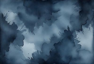 The primary subject of the image is a painting of a cloudy sky. The setting is a blue background, and the visual style is a watercolor painting. The colors and mood of the painting are predominantly blue, creating a calm and serene atmosphere.