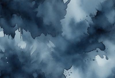 The primary subject of the image is a blue and black painting of a cloudy sky. The setting is a cloudy sky, and the visual style is a painting. The dominant colors are blue and black, creating a moody and dramatic atmosphere.