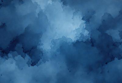 The primary subject of the image is a cloudy blue sky. The setting is a cloudy day, and the visual style is a painting or drawing. The colors and mood of the image are predominantly blue, creating a calm and serene atmosphere.