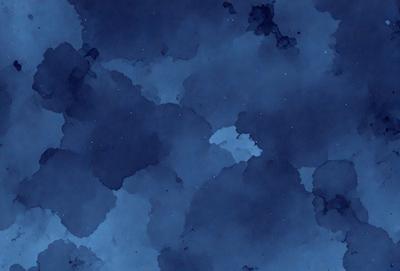 The primary subject of the image is a blue sky with clouds. The setting is a cloudy sky, and the visual style is a watercolor painting. The colors and mood of the image are predominantly blue, creating a calm and serene atmosphere.