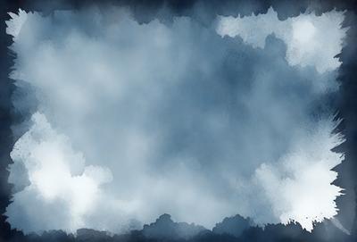 The primary subject of the image is a cloudy sky. The setting is a blue background, and the visual style is a watercolor painting. The colors and mood of the image are predominantly blue and moody, creating a sense of depth and atmosphere.