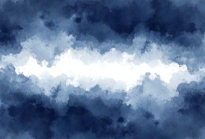 The primary subject of the image is a cloudy blue sky with white clouds. The setting is a dark blue background, which contrasts with the white clouds. The visual style is a painting, with a focus on the cloudy sky and its white clouds. The colors and mood of the image are predominantly dark blue and white, creating a moody and dramatic atmosphere.