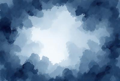 The primary subject of the image is a cloudy sky. The setting is a blue background, and the visual style is a watercolor painting. The colors and mood of the image are predominantly blue, creating a serene and calming atmosphere.