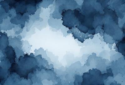 The primary subject of the image is a cloudy blue sky. The setting is a cloudy sky with a blue background. The visual style is a watercolor painting, giving the image a vibrant and artistic appearance. The dominant colors are blue and white, creating a serene and calming atmosphere.