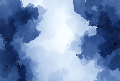 The primary subject of the image is a cloudy blue sky. The setting is a vast, open space with no visible landmarks or objects. The visual style is a watercolor painting, giving the scene a soft, dreamy atmosphere. The dominant colors are blue and white, with the blue sky creating a sense of calmness and tranquility.