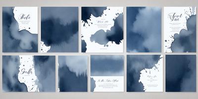 The primary subject of the image is a collection of six blue and white cards, each featuring a different design. The cards are displayed in a visually appealing manner, with each card placed on a different wall. The setting is indoors, with the cards arranged on a wall, creating an artistic and cohesive display. The visual style of the image is a combination of digital art and illustration, as the cards are designed with a modern and clean aesthetic. The colors and mood of the image are predomin