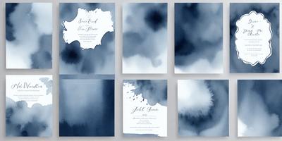 Primary subject: Wedding invitations

Setting/background: A blue background with a white border

Visual style: Digital art

Colors and mood: Blue and white, with a touch of watercolor effect