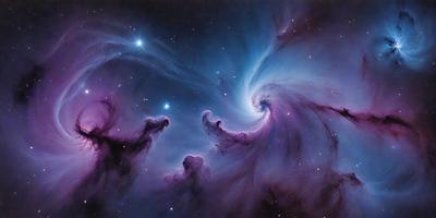 The primary subject of the image is a purple spiral galaxy, which is the main object, scene, or focus of the image. The galaxy is set against a dark, star-filled sky, creating a dramatic and captivating visual effect. The image is a digital art piece, showcasing the artist's skill in capturing the beauty and intricacy of the spiral galaxy. The dominant colors in the image are purple and blue, which evoke a sense of mystery and wonder. Overall