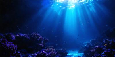 The primary subject of the image is a vibrant underwater scene featuring a variety of colorful coral reefs and marine life. The setting is a blue ocean, with sunlight shining through the water, creating a serene and lively atmosphere. The visual style of the image is a combination of photo and digital art, capturing the beauty and diversity of the underwater world. The colors and mood of the image are predominantly blue and green, with a sense of wonder and exploration.