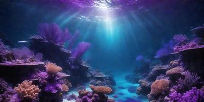 The primary subject of the image is a vibrant underwater scene featuring a variety of colorful coral reefs and sea creatures. The setting is a deep blue ocean, with sunlight shining through the water, creating a serene and lively atmosphere. The visual style of the image is a combination of photo and digital art, capturing the beauty and diversity of the underwater world. The dominant colors in the scene are purple, blue, and green, with the coral reefs and sea creatures