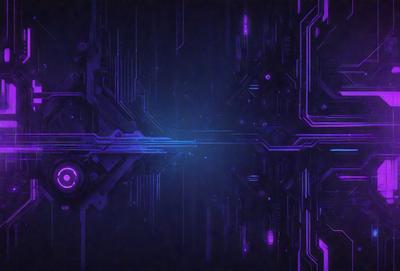 The primary subject of the image is a futuristic, purple-colored computer circuit board. The setting is a dark, purple-lit room, which adds to the overall mood of the image. The visual style is a combination of digital art and illustration, creating a unique and intricate design. The dominant colors are purple and blue, which contribute to the futuristic and technological atmosphere of the scene.