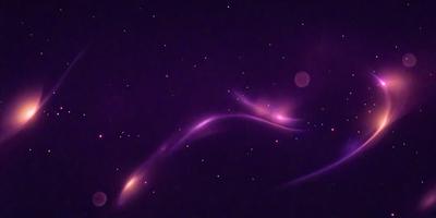The image features a purple background with a few stars scattered throughout the scene. The primary subject is a long, curved, and brightly lit object that appears to be a celestial body, such as a comet or a nebula. The visual style of the image is a combination of a photo and digital art, creating a unique and captivating representation of the celestial object. The colors and mood of the image are predominantly purple, which adds a sense of mystery and wonder to the scene.