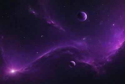 The primary subject of the image is a purple nebula with a few planets and moons floating around it. The setting is a dark, starry sky, and the visual style is a digital art or illustration. The colors and mood of the image are predominantly purple, creating a serene and celestial atmosphere.