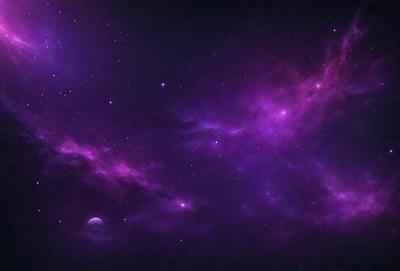 The primary subject of the image is a purple nebula with a few stars scattered throughout the scene. The setting is a dark, star-filled sky, and the visual style is a combination of a photo and digital art. The colors and mood of the image are predominantly purple, creating a serene and celestial atmosphere.