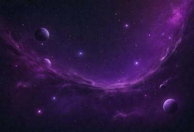 The primary subject of the image is a purple nebula with a few planets in the background. The setting is a dark, starry sky, and the visual style is a digital art or illustration. The colors and mood of the image are predominantly purple, creating a serene and celestial atmosphere.