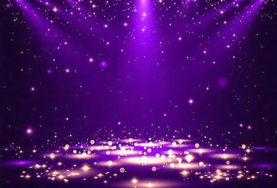 The primary subject of the image is a purple background with a starry pattern. The setting is a stage or a dark room with a purple hue. The visual style is a combination of a photo and digital art, creating a unique and artistic atmosphere. The colors and mood are predominantly purple, giving the scene a sense of mystery and enchantment.
