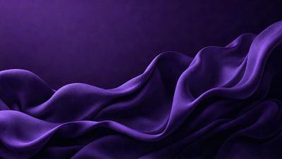 Purple fabric, possibly a curtain or a piece of clothing, is the primary subject of the image. The setting is a dark background, which contrasts with the purple fabric. The visual style is a close-up of the purple fabric, showcasing its texture and details. The colors and mood of the image are predominantly purple, creating a calm and serene atmosphere.