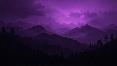 The primary subject of the image is a mountain range with purple clouds in the background. The setting is a dark, purple sky, creating a dramatic and moody atmosphere. The visual style is a combination of a photo and digital art, as the purple clouds and the mountain range are depicted in a way that resembles a painting. The colors and mood of the image are predominantly purple, giving it a mysterious and serene feel.
