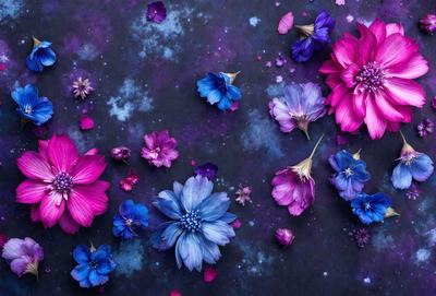 The primary subject of the image is a group of purple and pink flowers. The setting is a black background, which creates a striking contrast with the vibrant colors of the flowers. The visual style appears to be a combination of photo and digital art, as the flowers are depicted in a realistic manner while the background is a solid color. The dominant colors in the image are purple and pink, creating a warm and inviting atmosphere.