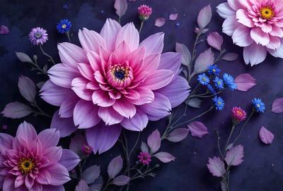 The primary subject of the image is a beautiful pink flower with purple petals, surrounded by other flowers. The setting is a purple background, which adds a vibrant and lively atmosphere to the scene. The visual style is a combination of photo and digital art, creating a realistic yet artistic representation of the flowers. The colors and mood of the image are predominantly pink and purple, evoking a sense of warmth and elegance.