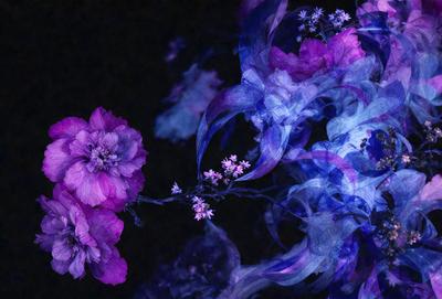 The primary subject of the image is a purple flower with a blue background. The visual style appears to be a digital art or illustration, as the flower is depicted in a stylized manner. The dominant colors in the image are purple and blue, creating a calm and serene atmosphere.