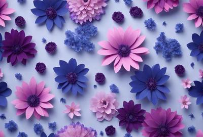 The primary subject of the image is a collection of purple and pink flowers. The flowers are arranged in a visually appealing manner, creating a sense of harmony and beauty. The setting is a blue background, which adds a contrasting and complementary color to the scene. The visual style of the image is a combination of photo and digital art, resulting in a vibrant and detailed representation of the flowers. The colors and mood of the image are predominantly purple and pink, evoking a sense of calm
