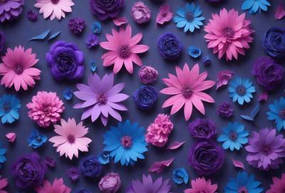The primary subject of the image is a collection of purple and pink flowers. The flowers are arranged in a visually appealing manner, creating a sense of harmony and beauty. The setting is a blue background, which contrasts nicely with the vibrant colors of the flowers. The visual style of the image is a combination of photo and digital art, resulting in a realistic yet artistic representation of the flowers. The dominant colors of the image are purple and pink, which evoke a sense of calmness and warm