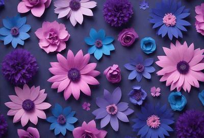 The primary subject of the image is a collection of purple and blue flowers. These flowers are arranged in a visually appealing manner, creating a sense of harmony and beauty. The setting is a blue background, which provides a striking contrast to the vibrant colors of the flowers. The visual style of the image is a combination of photo and digital art, resulting in a realistic yet artistic representation of the flowers. The dominant colors of the image are purple and blue, which evoke a sense of calmness and tranqu