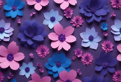 The primary subject of the image is a collection of paper flowers, predominantly purple and pink, arranged on a purple background. The flowers are made from paper and are displayed in various shapes and sizes. The visual style of the image is a combination of digital art and illustration, creating a vibrant and colorful scene. The dominant colors in the image are purple and pink, giving the scene a warm and inviting atmosphere.