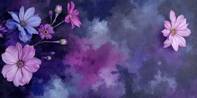 The primary subject of the image is a bouquet of purple flowers. The setting is a purple background, which creates a visually striking contrast with the flowers. The visual style is a painting, which adds an artistic touch to the scene. The dominant colors are purple and pink, creating a calm and serene atmosphere.