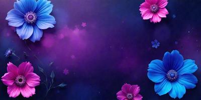 The primary subject of the image is a purple background with a few pink flowers scattered across it. The setting appears to be a dark, moody environment, possibly a night sky. The visual style of the image is a combination of digital art and illustration, creating a unique and artistic appearance. The dominant colors in the image are purple and pink, giving it a somewhat melancholic atmosphere.