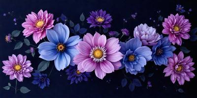 The primary subject of the image is a beautiful bouquet of purple and blue flowers. The flowers are arranged in a visually appealing manner, creating a sense of harmony and elegance. The setting is a dark background, which contrasts with the vibrant colors of the flowers, making them stand out even more. The visual style of the image is a combination of digital art and illustration, showcasing the artist's skill in capturing the beauty of the flowers. The colors and mood of the image are pre