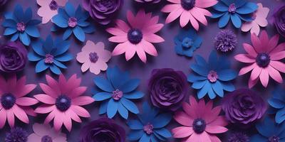 The primary subject of the image is a collection of purple and blue flowers. The flowers are arranged in a visually appealing manner, creating a sense of harmony and beauty. The setting is a purple background, which complements the colors of the flowers and adds to the overall aesthetic of the image. The visual style is a combination of digital art and illustration, resulting in a vibrant and eye-catching display. The colors and mood of the image are predominantly purple and blue, ev