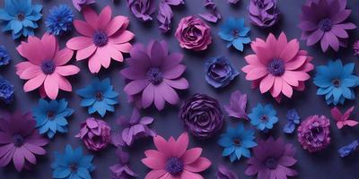 The primary subject of the image is a collection of purple and blue flowers. The flowers are arranged in a visually appealing manner, creating a sense of harmony and beauty. The setting is a dark background, which contrasts with the vibrant colors of the flowers, making them stand out even more. The visual style of the image is a combination of photo and digital art, as it captures the essence of the flowers while also showcasing the artist's creativity. The colors and mood of the image are