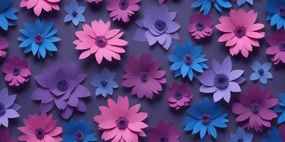 The primary subject of the image is a collection of colorful flowers, predominantly pink and purple, arranged in a visually appealing manner. The flowers are displayed against a dark background, which contrasts with the vibrant colors of the flowers. The visual style of the image is a combination of photo and digital art, creating a realistic yet artistic representation of the flowers. The overall atmosphere of the image is lively and cheerful, with the bright colors and intricate patterns of the flowers capturing the viewer