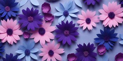 The primary subject of the image is a collection of purple and pink flowers. These flowers are arranged in a visually appealing manner, creating a sense of harmony and beauty. The setting is a blue background, which provides a striking contrast to the vibrant colors of the flowers. The visual style of the image is a combination of digital art and illustration, resulting in a realistic yet artistic representation of the flowers. The dominant colors in the image are purple and pink, which evoke a sense of calmness