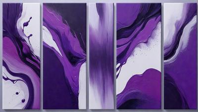 The primary subject of the image is a painting of a purple and white abstract art piece. The setting is a wall, and the visual style is a painting. The dominant colors are purple and white, creating a mood of creativity and artistic expression.