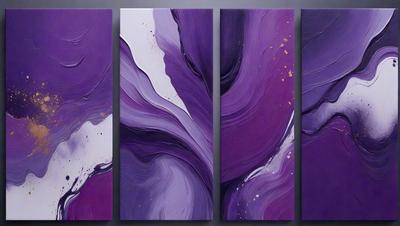 The primary subject of the image is a set of three purple paintings, each featuring a different design. The setting is a wall, and the visual style appears to be a combination of digital art and illustration. The dominant colors in the paintings are purple, and the overall atmosphere is artistic and visually appealing.