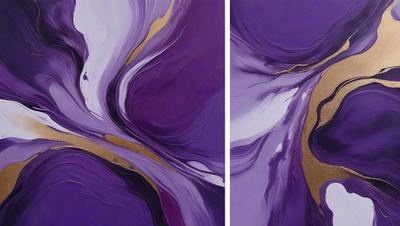 The primary subject of the image is a painting featuring a purple background with gold accents. The setting is a canvas, and the visual style is a painting. The dominant colors are purple and gold, creating a rich and luxurious atmosphere.