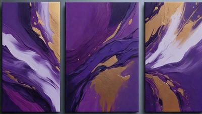 The primary subject of the image is a painting featuring a purple background with gold accents. The setting is a gallery, and the visual style is a combination of digital art and illustration. The dominant colors are purple and gold, creating a rich and vibrant atmosphere.